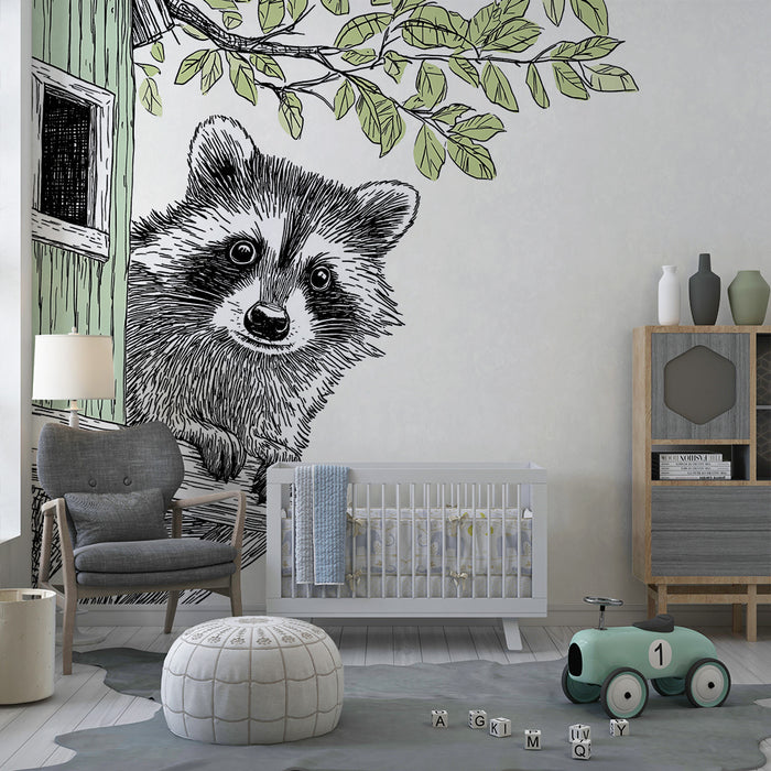 Papel pintado infantil | Mapache curioso en su cabaña de madera