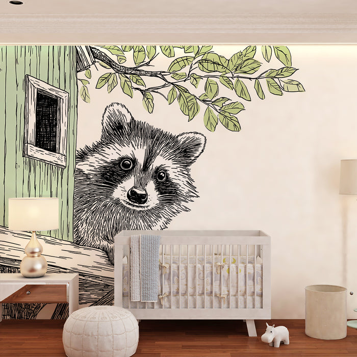 Papel pintado infantil | Mapache curioso en su cabaña de madera