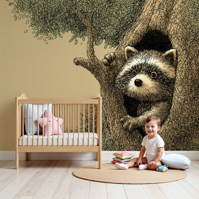 Kids room wallpaper | Curious raccoon in a tree