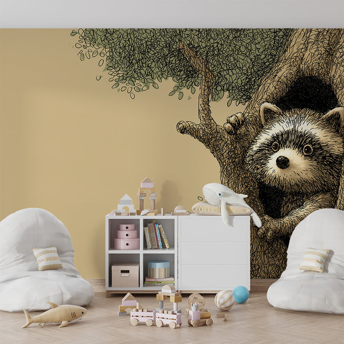 Kids room wallpaper | Curious raccoon in a tree