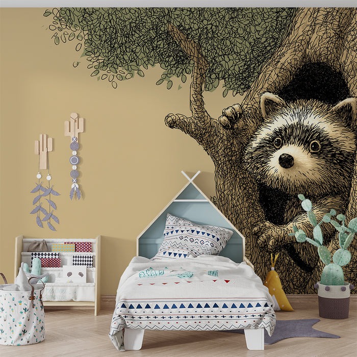 Kids room wallpaper | Curious raccoon in a tree