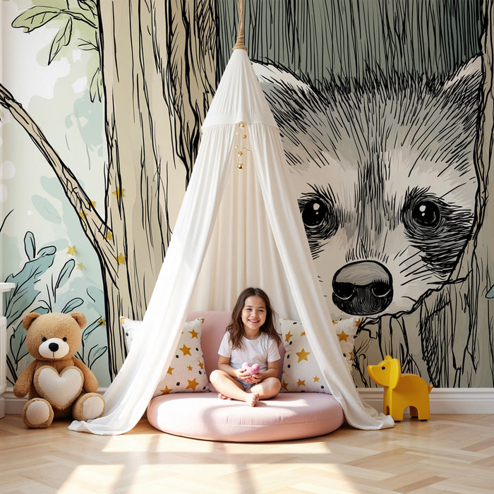 Papier peint chambre enfant | Raton laveur curieux dans un arbre