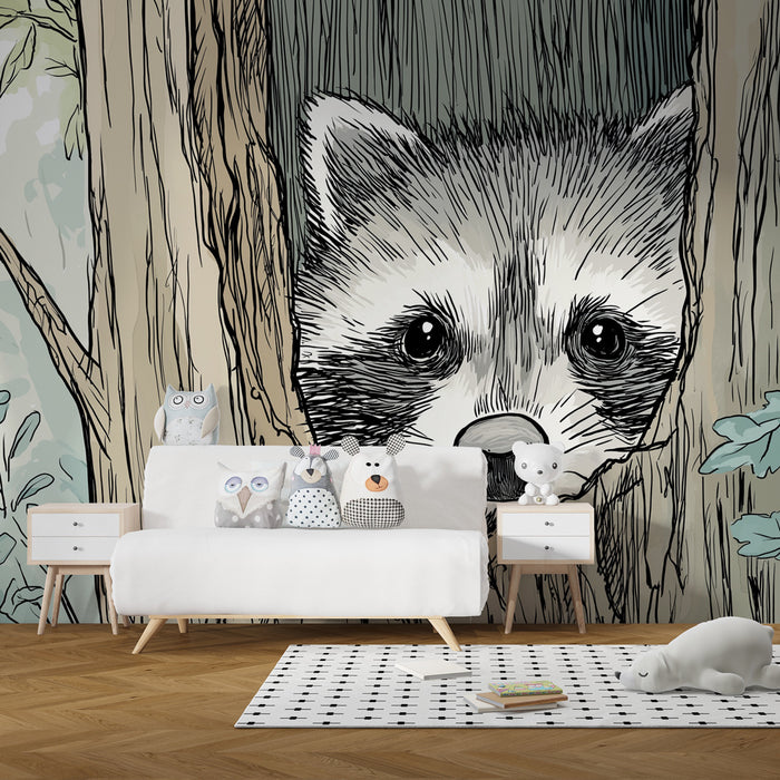 Papier peint chambre enfant | Raton laveur curieux dans un arbre