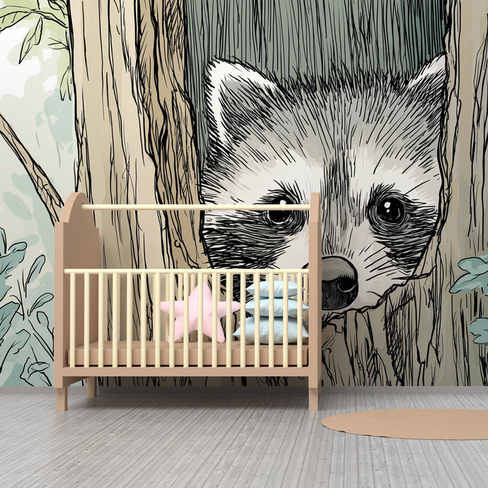 Papier peint chambre enfant | Raton laveur curieux dans un arbre