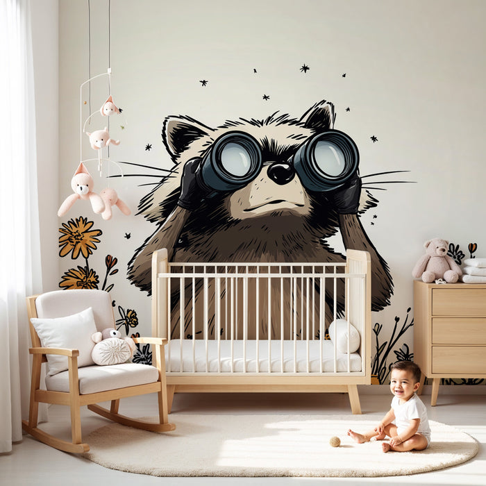 Papier peint chambre enfant | Raton laveur curieux dans un champ fleuri