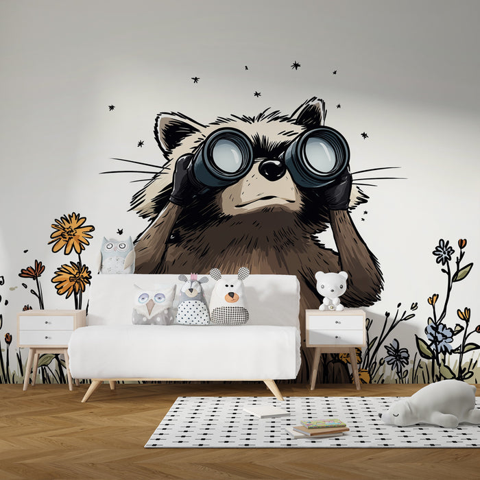 Papier peint chambre enfant | Raton laveur curieux dans un champ fleuri