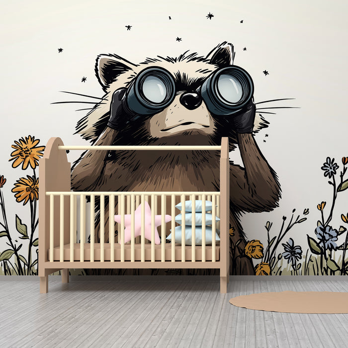 Papier peint chambre enfant | Raton laveur curieux dans un champ fleuri