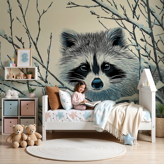 Kinderkamer behang | Nieuwsgierige wasbeer in een winterse setting
