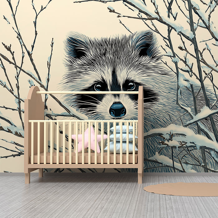 Kinderkamer behang | Nieuwsgierige wasbeer in een winterse setting