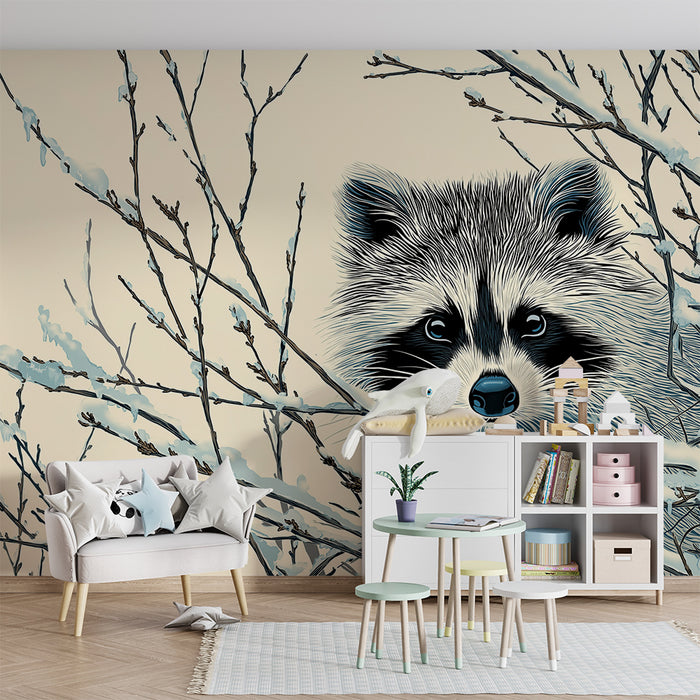 Kinderkamer behang | Nieuwsgierige wasbeer in een winterse setting