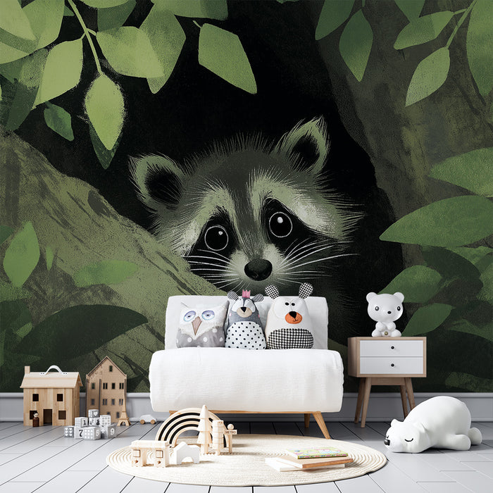 Papel de parede criança | Guaxinim curioso em um cenário verde