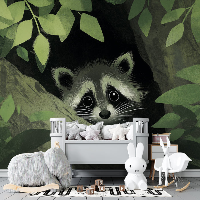Papel de parede criança | Guaxinim curioso em um cenário verde
