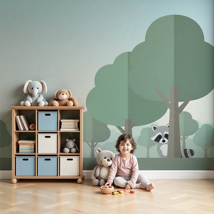 Kinderzimmer Tapete | Neugieriger Waschbär in einem beruhigenden Wald