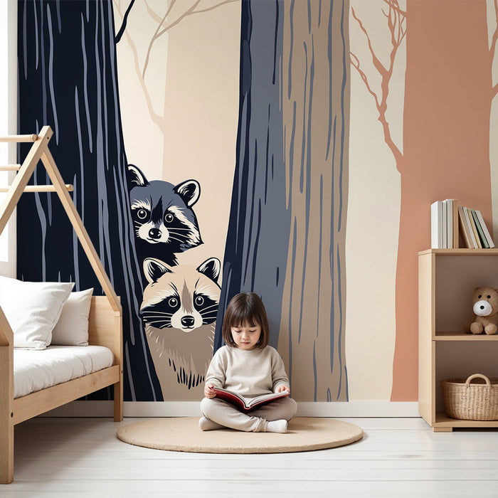 Papier peint chambre enfant | Raton laveur curieux dans une forêt apaisante