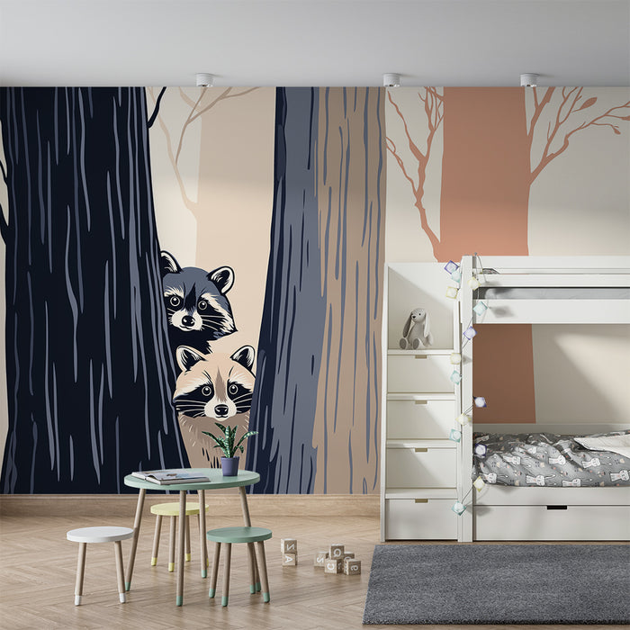 Papier peint chambre enfant | Raton laveur curieux dans une forêt apaisante