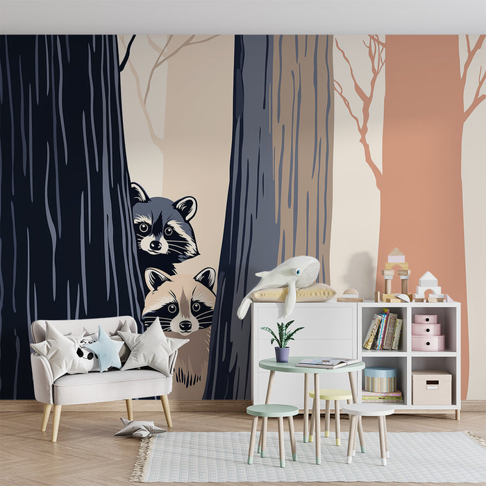 Papier peint chambre enfant | Raton laveur curieux dans une forêt apaisante