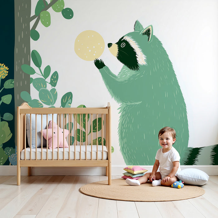 Kids room wallpaper | Curious raccoon in a colorful forest