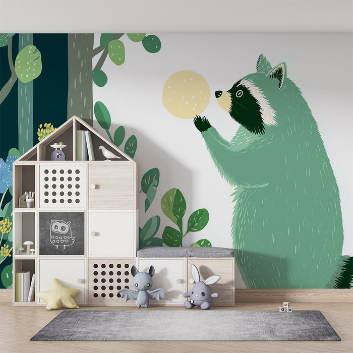 Kids room wallpaper | Curious raccoon in a colorful forest