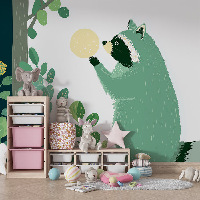 Kids room wallpaper | Curious raccoon in a colorful forest