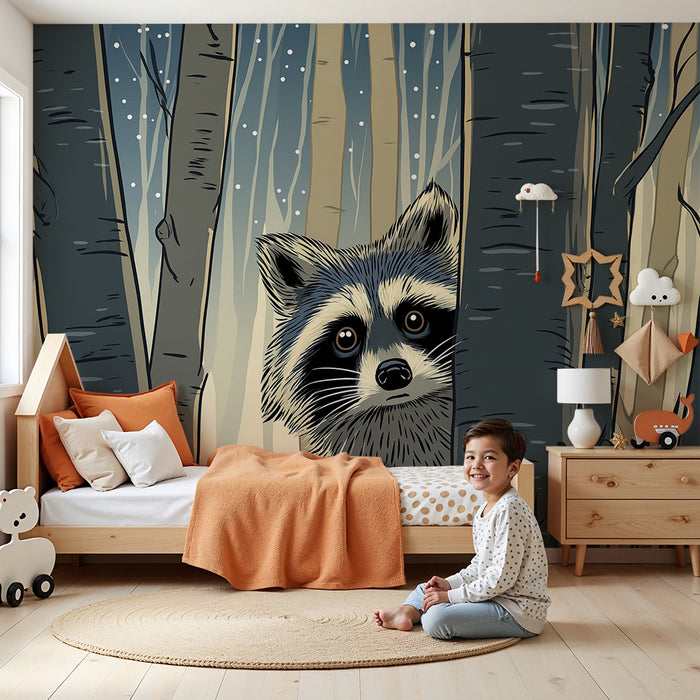Papel pintado infantil | Mapache curioso en un bosque nevado