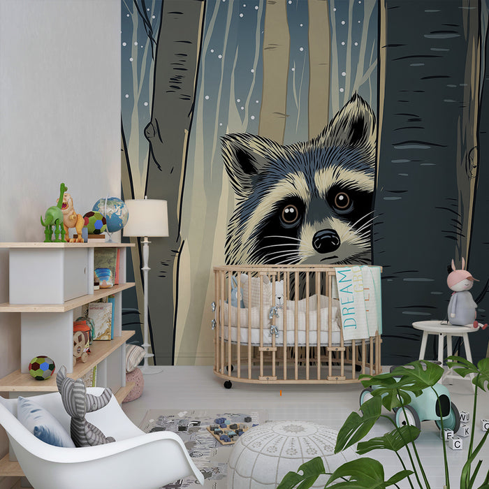 Papel pintado infantil | Mapache curioso en un bosque nevado