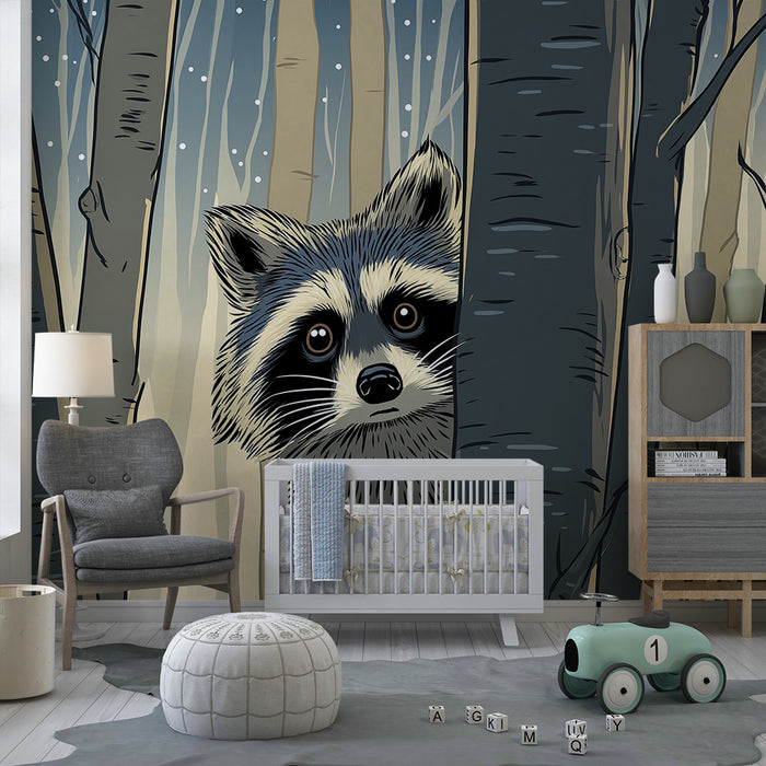 Papel pintado infantil | Mapache curioso en un bosque nevado
