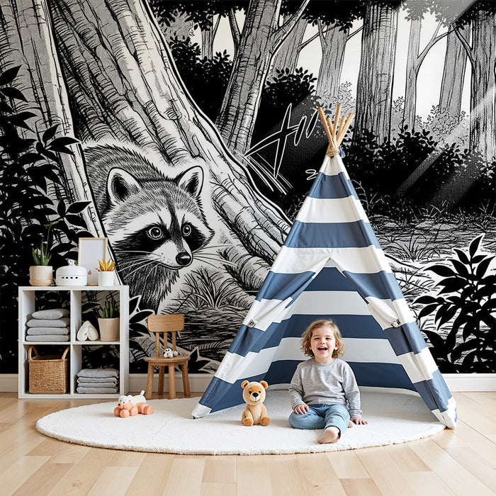 Papel de parede para quarto infantil | Guaxinim curioso numa floresta misteriosa