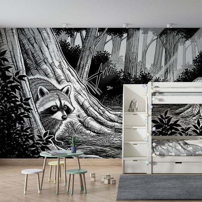 Papel de parede para quarto infantil | Guaxinim curioso numa floresta misteriosa