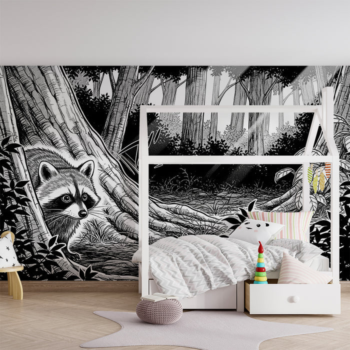 Papel de parede para quarto infantil | Guaxinim curioso numa floresta misteriosa