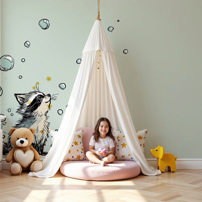Kids room wallpaper | Curious raccoon surrounded by soap bubbles