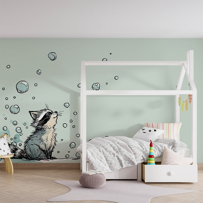 Kids room wallpaper | Curious raccoon surrounded by soap bubbles