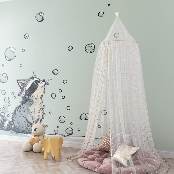 Kids room wallpaper | Curious raccoon surrounded by soap bubbles