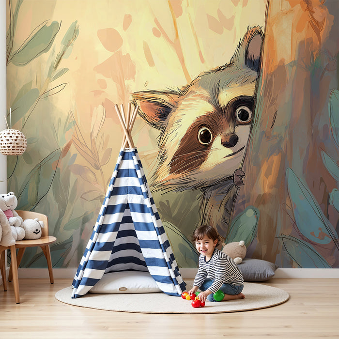 Kinderkamer behang | Nieuwsgierige wasbeer tussen de vegetatie