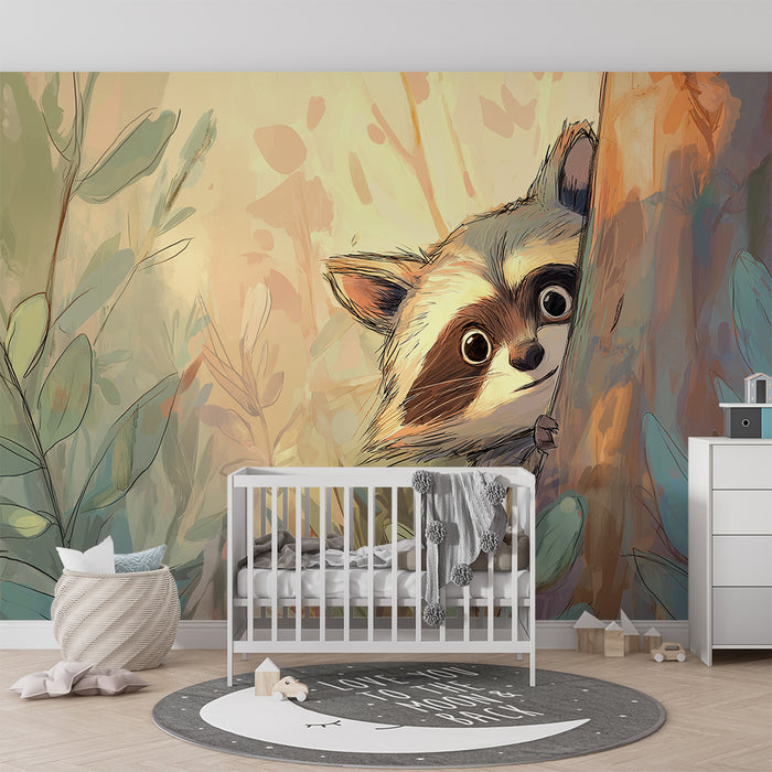 Kinderkamer behang | Nieuwsgierige wasbeer tussen de vegetatie