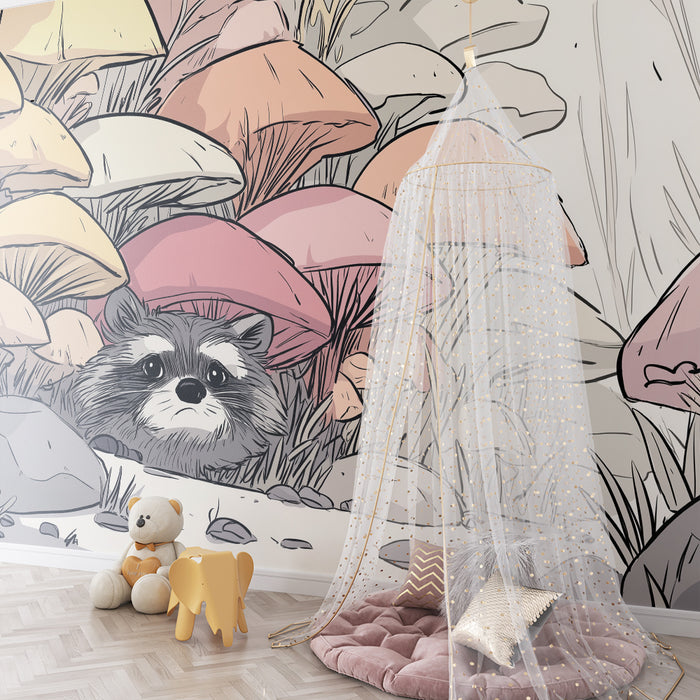 Carta da parati bambini | Procione curioso tra i colorati funghi