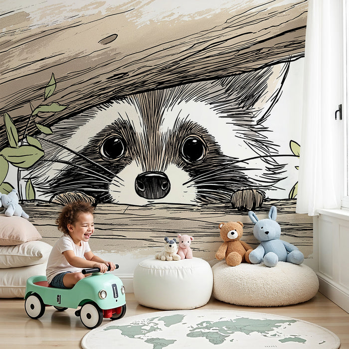 Carta da parati bambini | Procione curioso tra le foglie