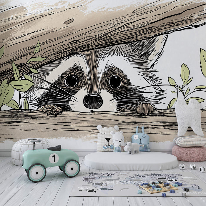 Carta da parati bambini | Procione curioso tra le foglie