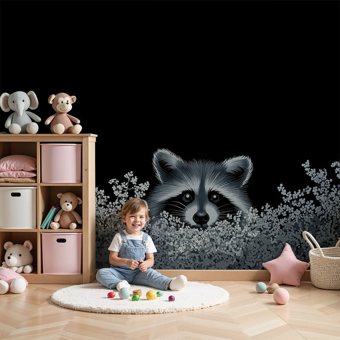 Tapet pentru camera copilului | Raton curios printre flori delicate
