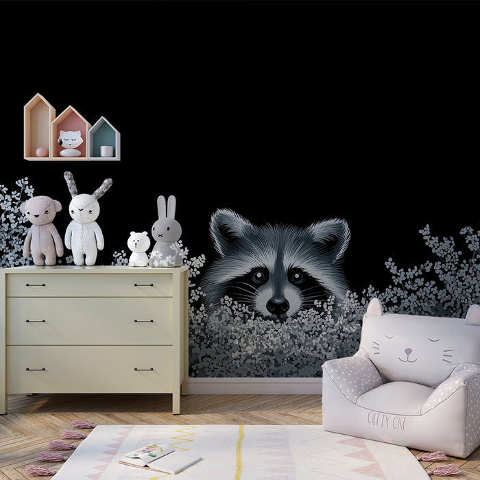 Tapet pentru camera copilului | Raton curios printre flori delicate