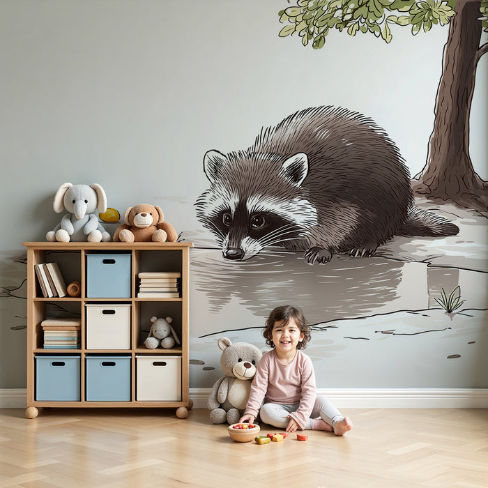 Kids room wallpaper | Curious raccoon near a fruit tree