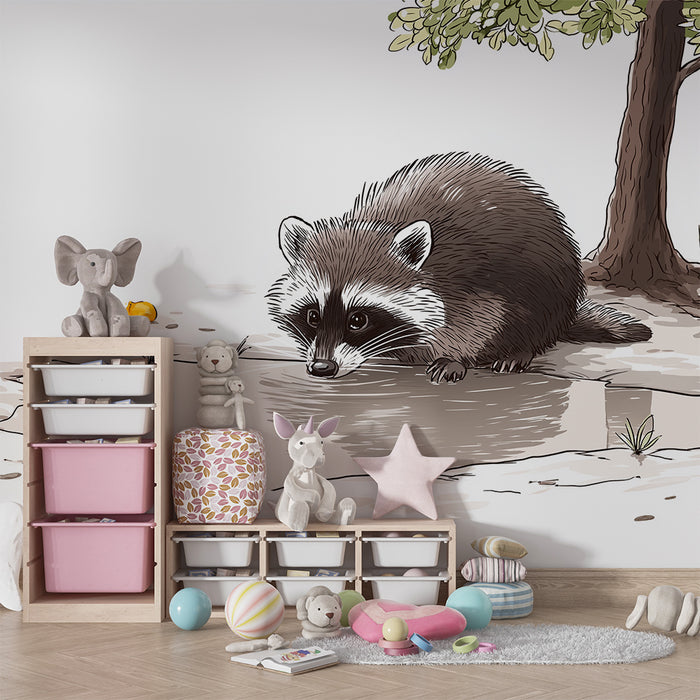 Kids room wallpaper | Curious raccoon near a fruit tree