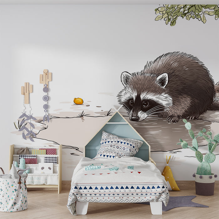 Kids room wallpaper | Curious raccoon near a fruit tree
