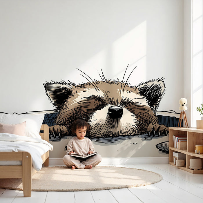 Papier peint chambre enfant | Raton laveur curieux sortant de son terrier