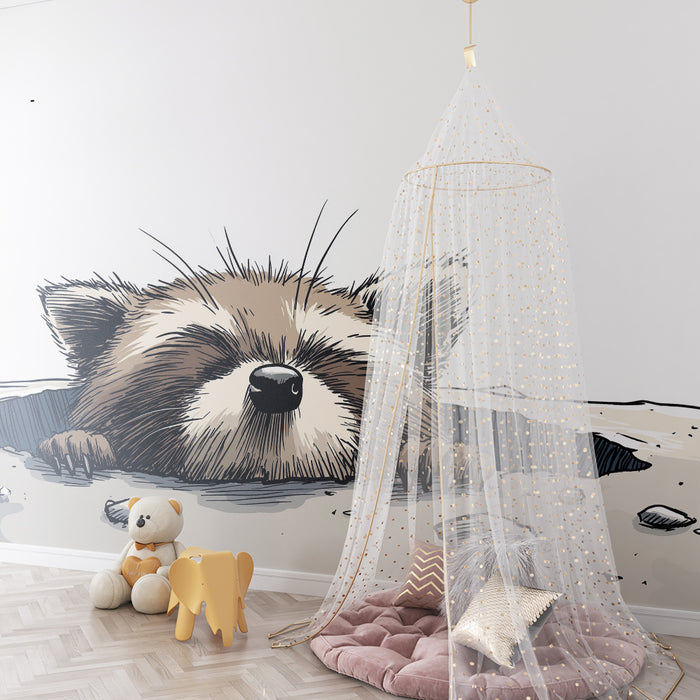 Papier peint chambre enfant | Raton laveur curieux sortant de son terrier