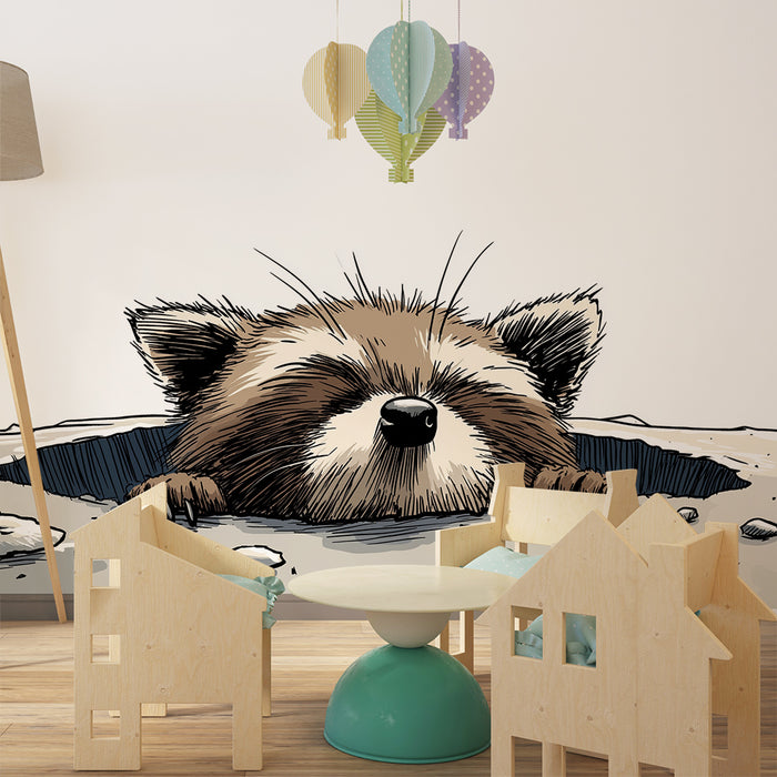 Papier peint chambre enfant | Raton laveur curieux sortant de son terrier