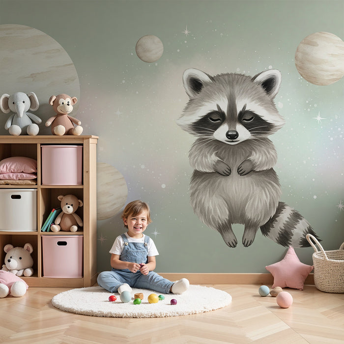 Kinderzimmer Tapete | Waschbär im Weltraum