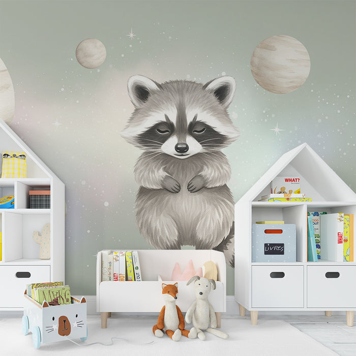 Kinderzimmer Tapete | Waschbär im Weltraum