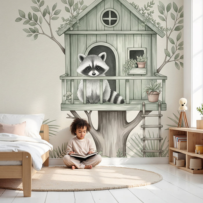 Χαρτί τοίχου παιδικού δωματίου | Αρκούδα πλένει το σπίτι της στο δέντρο της