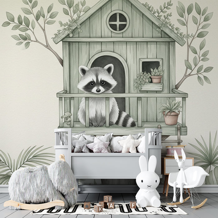 Χαρτί τοίχου παιδικού δωματίου | Αρκούδα πλένει το σπίτι της στο δέντρο της