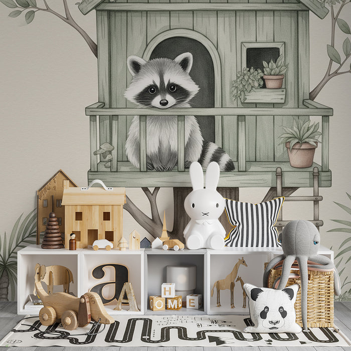 Χαρτί τοίχου παιδικού δωματίου | Αρκούδα πλένει το σπίτι της στο δέντρο της